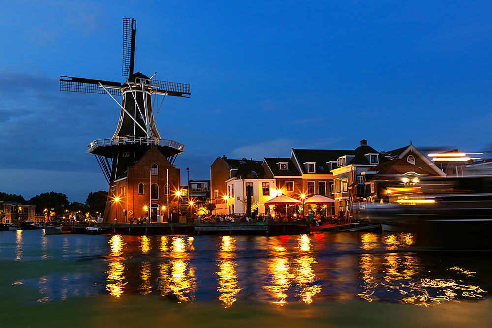 Mill de Adriaan at night on the River Spaarne in Haarlem, The Netherlands, Europe