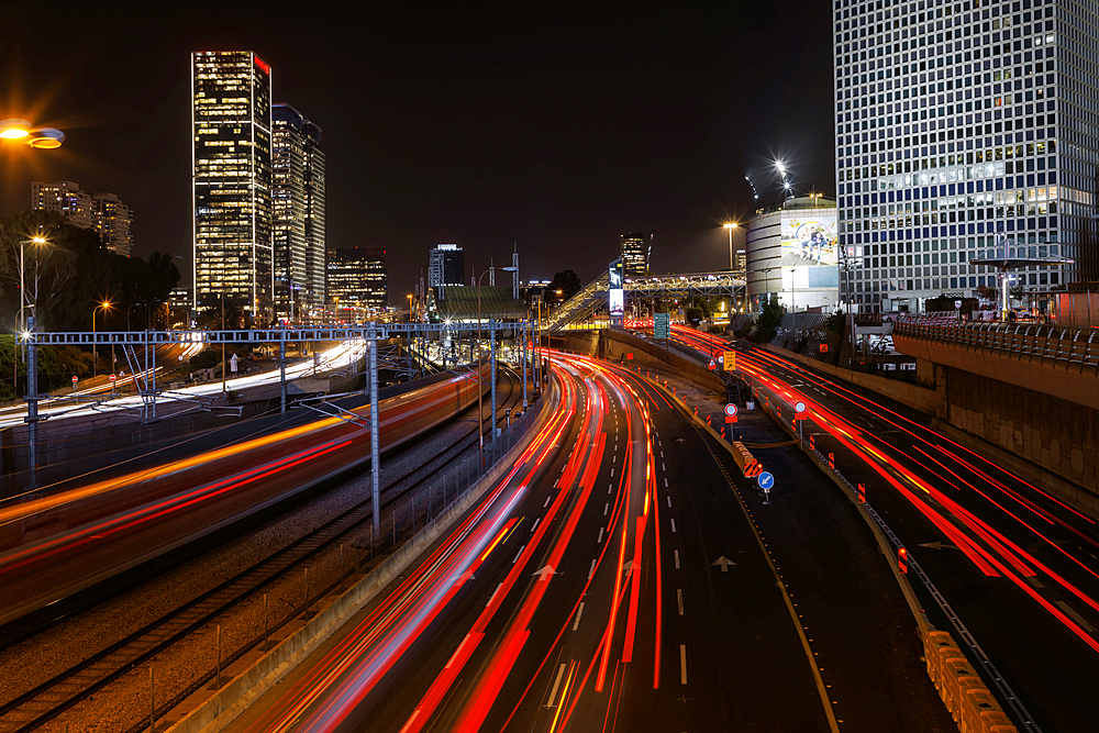 Tel Aviv skyline photo at night, with view of Ayalon highway, Tel Aviv, Israel, Middle East