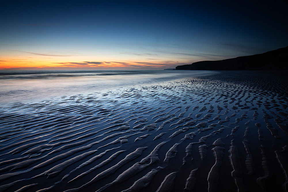 Sunset and Sand Ripples at Watergate Bay, Cornwall, England, United Kingdom, Europe