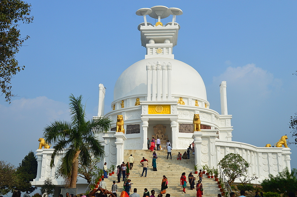 Buddhist Stupa at Dhauli Giri Bhubaneshwar Odisha India. this monument lies next to river Daya where great battle of Kalinga was fought the great king Ashoka saw waters of this river turn red with blood he decided to shun violence and adopted Buddhism.