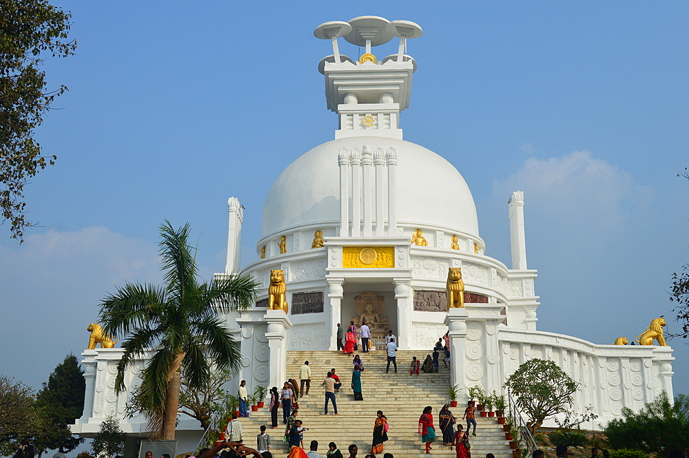 Shanti Stupa also known as Peace Pagoda on a small hillock Dhauligiri on the southern bank of Daya River where the Kalinga war was fought near Bhubaneswar Odisha India.