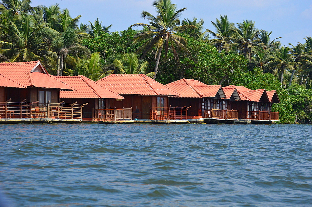 Floating cottages near Poovar islands in the backwaters of Kerala, India, Asia