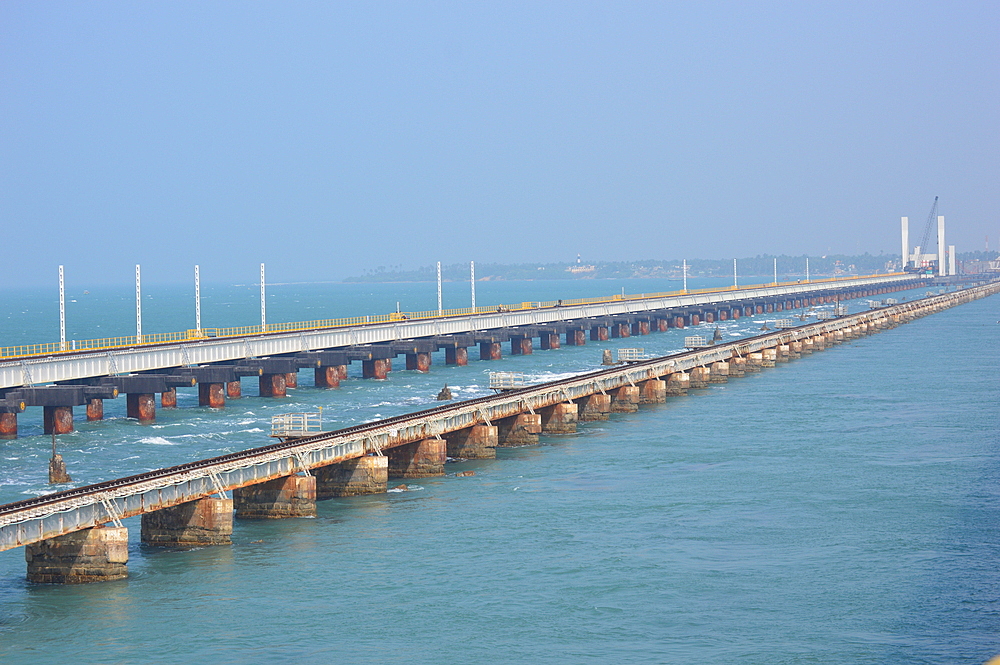 Pamban Bridge, new vertical lift and old railway bridge connecting the town of Mandapam in mainland India with Rameshwaram on Pamban island, India, Asia