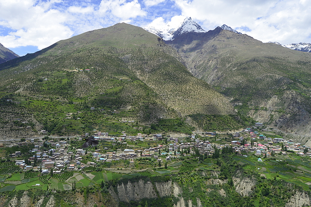 View from Kardang Monastery, on the Manali to Leh Highway, on Bhaga Rivier, and Keylong, district headquarters of Lahaul and Spiti, Himachal Pradesh, India, Asia