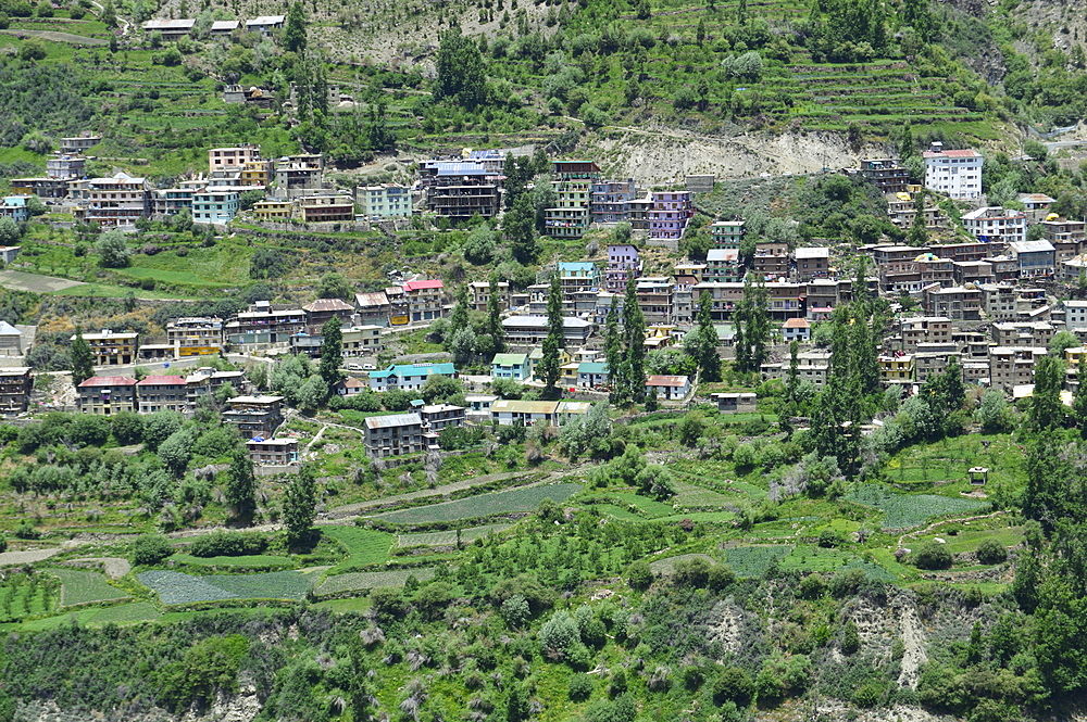 View from Kardang Monastery, on the Manali to Leh Highway, of Bhaga Rivier and Keylong, district headquarters of Lahaul and Spiti, Himachal Pradesh, India, Asia