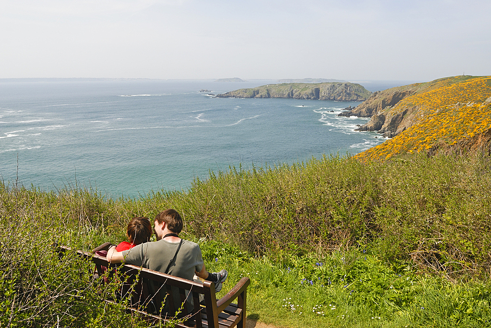 Coast along Grand Greve Bay at La Coupee, Sark Island, Bailiwick of Guernsey, British Crown dependency, English Channel, Europe