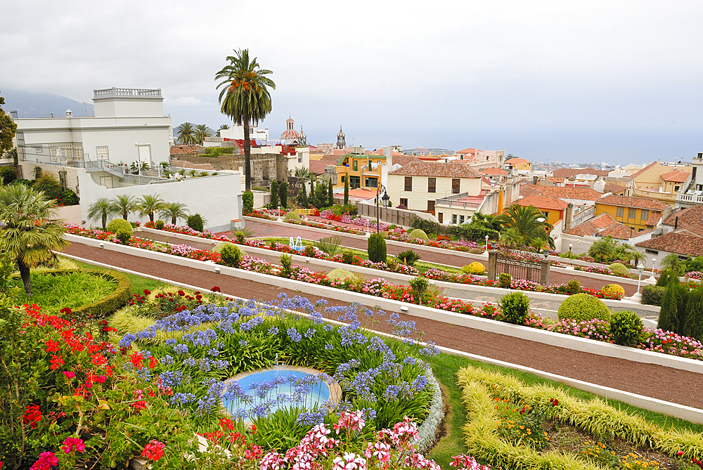 View over the city from the Gardens of Marquesado de la Quinta Roja, La Orotava, Tenerife, Canary Islands, Spain, Atlantic Ocean, Europe