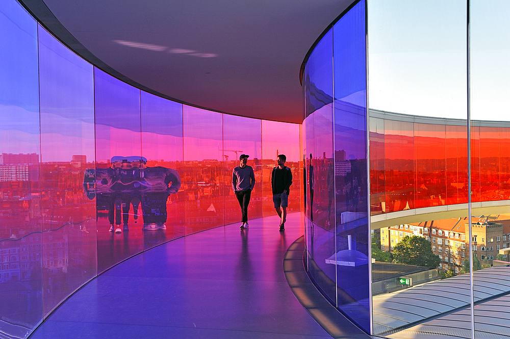 Your Rainbow Panorama, a circular skywalk with windows in the colors of the rainbow, by Olafur Eliasson, Danish-Icelandic artist, on the top of ARoS Aarhus Kunstmuseum, designed by Danish architects Schmidt Hammer Lassen, Aarhus, Jutland, Denmark, Europe