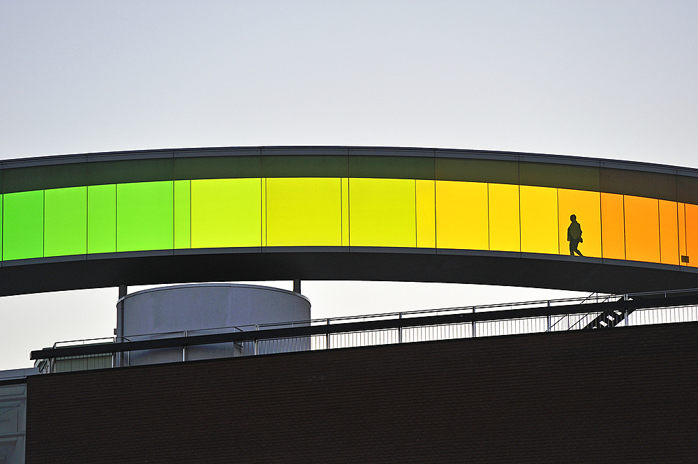 Your Rainbow Panorama, a circular skywalk with windows in the colors of the rainbow, by Olafur Eliasson, Danish-Icelandic artist, on the top of ARoS Aarhus Kunstmuseum, designed by Danish architects Schmidt Hammer Lassen, Aarhus, Jutland, Denmark, Europe