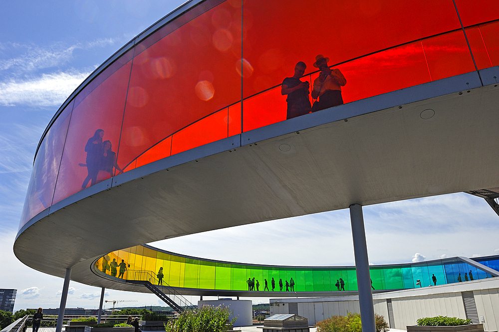 The installation Your Rainbow Panorama, a circular skywalk with windows in the colors of the rainbow, by Olafur Eliasson, a Danish-Icelandic artist, on top of ARoS Aarhus Kunstmuseum, designed by Danish architects Schmidt Hammer Lassen, Aarhus, Jutland, Denmark, Europe