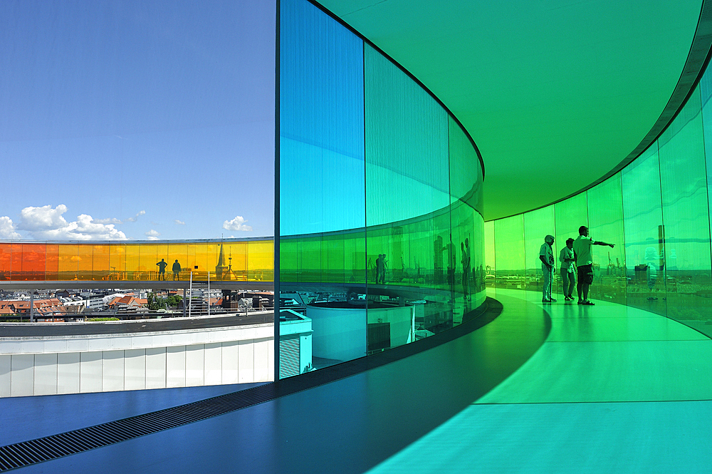 The installation Your Rainbow Panorama, a circular skywalk with windows in the colors of the rainbow, by Olafur Eliasson, a Danish-Icelandic artist, on top of ARoS Aarhus Kunstmuseum, designed by Danish architects Schmidt Hammer Lassen, Aarhus, Jutland, Denmark, Europe