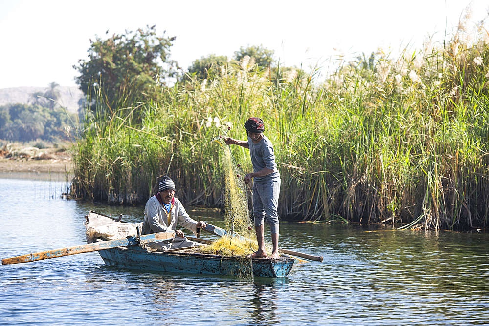 Net fishermen in rowing boat, village of Ramadi, west bank of the Nile south of Edfu, Egypt, North Africa, Africa