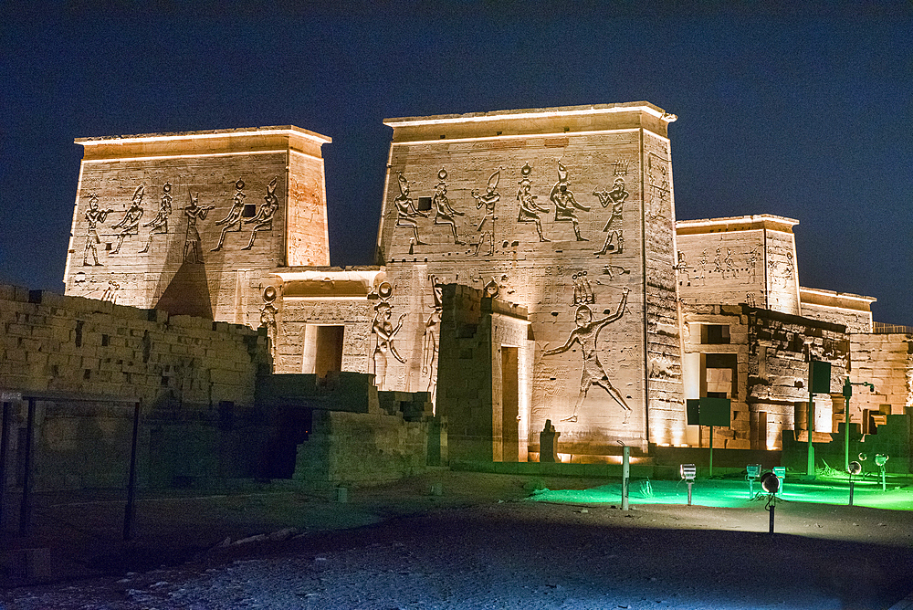 Sound and light show at the Temple of Philae, Temple of Isis, UNESCO World Heritage Site, Agilkia Island, Aswan, Egypt, North Africa, Africa