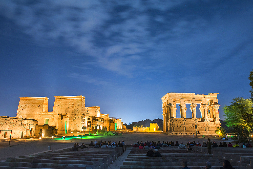 Sound and light show at the Temple of Philae, Temple of Isis and Trajan's Kiosk, Agilkia Island, Aswan, Egypt, Northeastern Africa