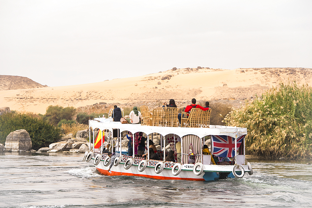 Small cruise boat around the Elephantine Island on the Nile, Aswan, Egypt, North Africa, Africa