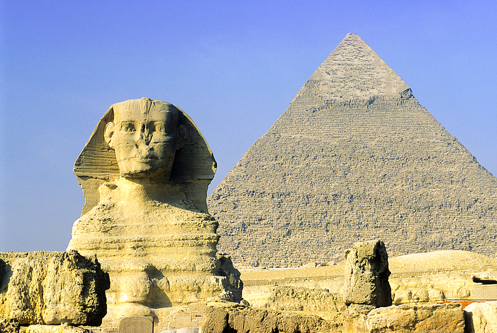 Great Sphinx and Pyramid (Khafra) of Giza,Cairo,Egypt,Africa