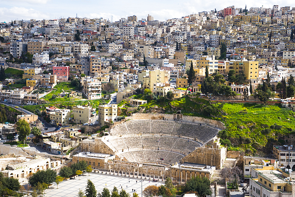 View of the Roman theatre and the South-East districts from the top of the Citadel hill, Amman, Jordan, Middle East