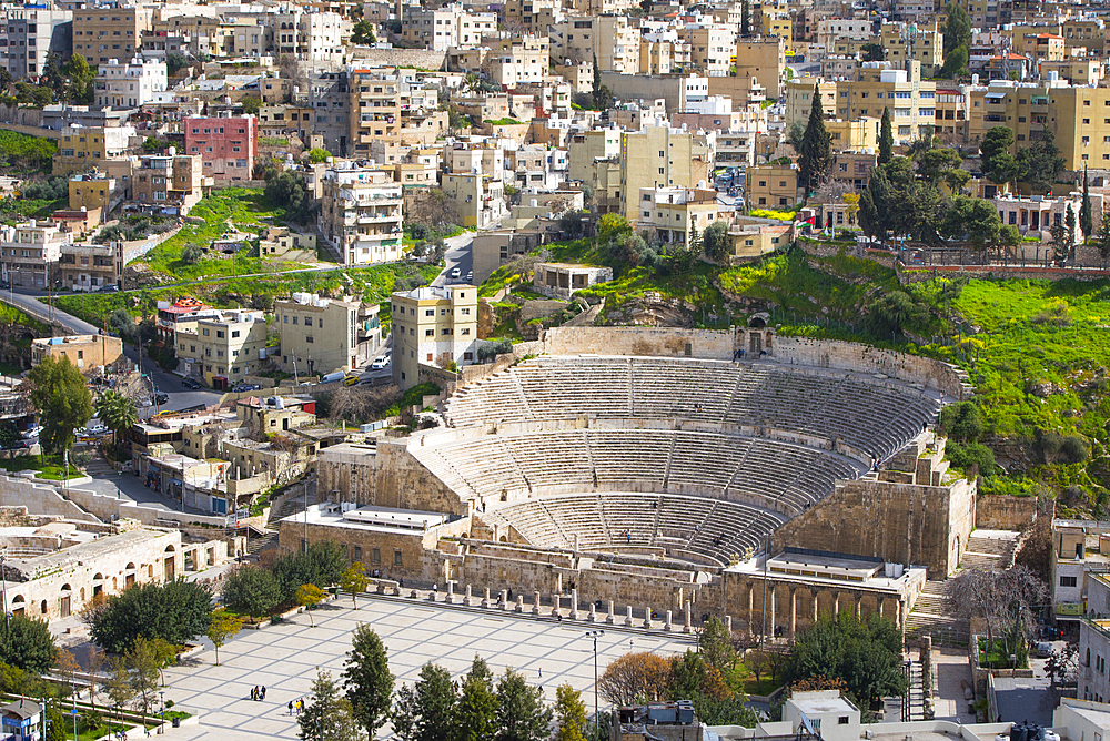 View of the Roman theatre and the South-East districts from the top of the Citadel hill, Amman, Jordan, Middle East