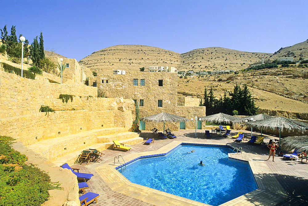 Swimming pool of the Taybet Zaman Tourism Resort, around Petra, Jordan, Middle East