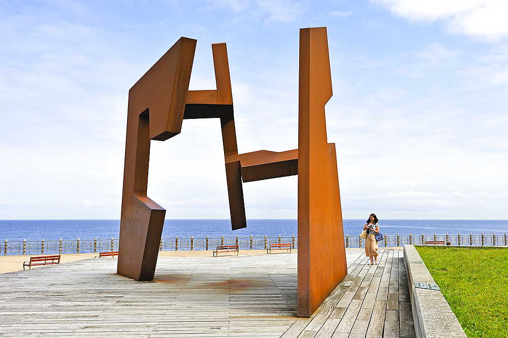 ' Empty Construction' stainless steel sculpture by the Basque Spanish sculptor Jorge Oteiza (1908-2003), Paseo Nuevo, San Sebastian, Bay of Biscay, province of Gipuzkoa, Basque Country, Spain,Europe