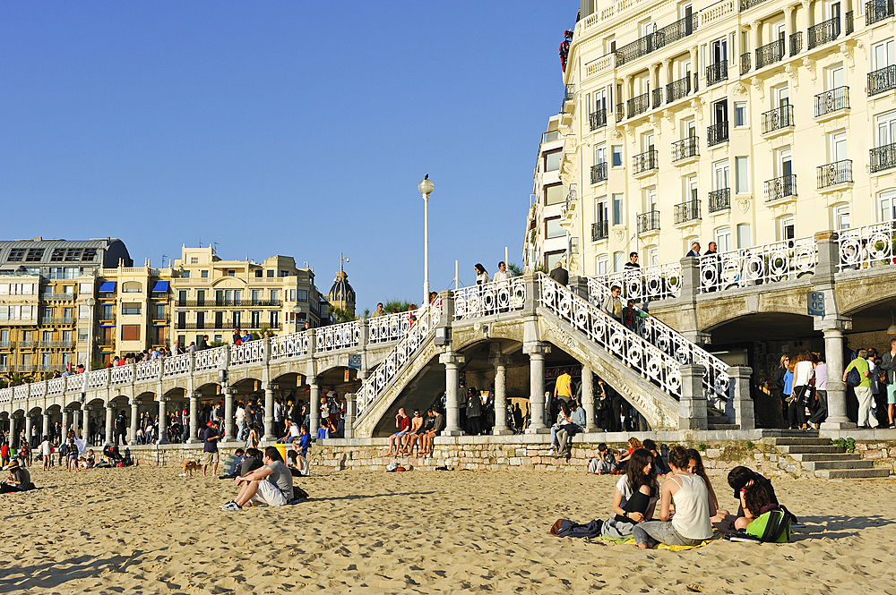 night market under arcade of Paseo de La Concha, La Concha beach, San Sebastian, Bay of Biscay, province of Gipuzkoa, Basque Country, Spain,Europe