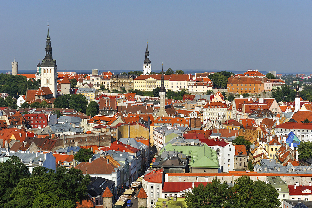 Aerial overview of Old Town Tallinn from Sokos Viru hotel, Old Town, UNESCO World Heritage Site, Tallinn, Estonia, Europe