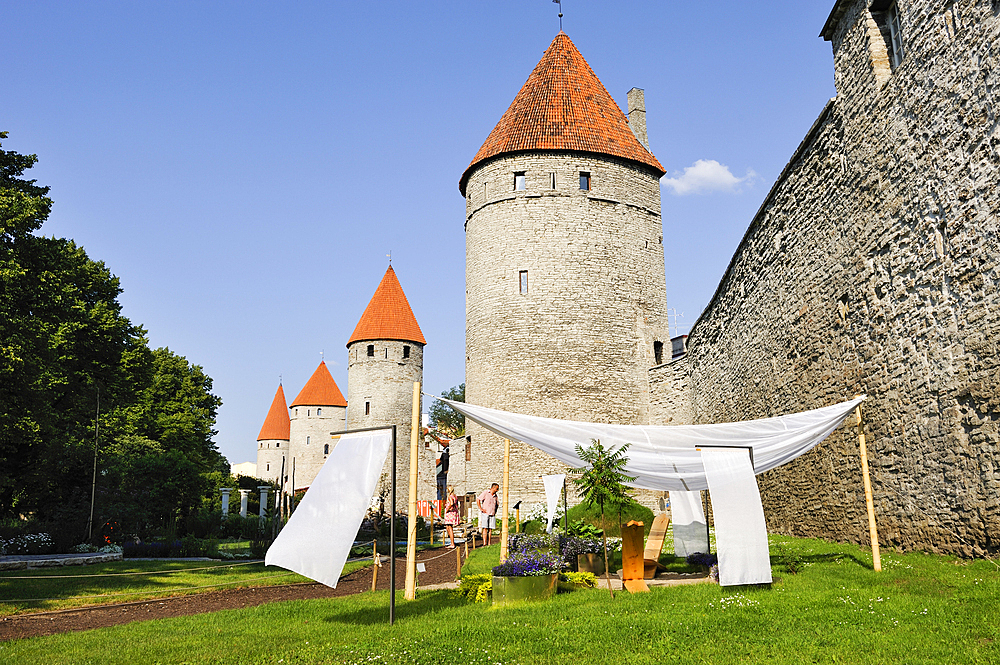 Gardens at the bottom of the towers of fortifications, UNESCO World Heritage Site, Tallinn, Estonia, Europe