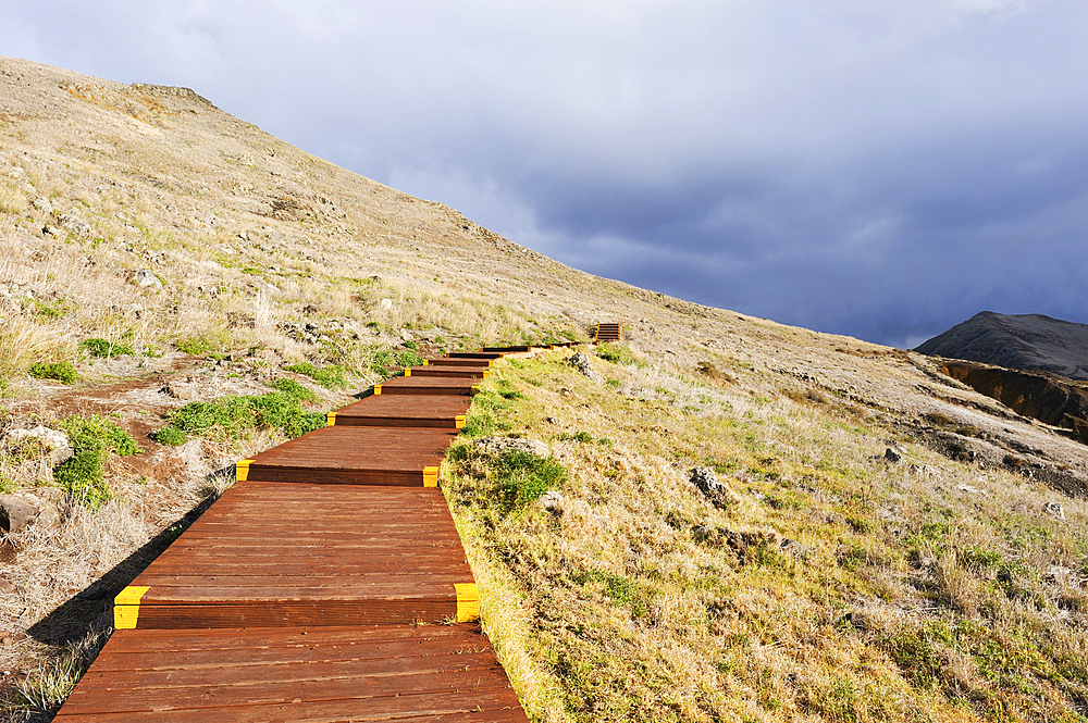 Sidestepping path on the Sao Lourenco peninsula, Madeira island, Atlantic Ocean, Portugal