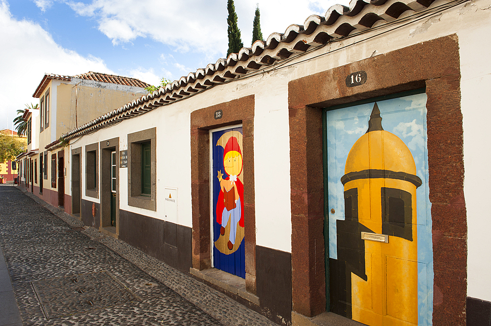 Painted doors of Santa Maria street in the old town, Funchal, Madeira island, Atlantic Ocean, Portugal