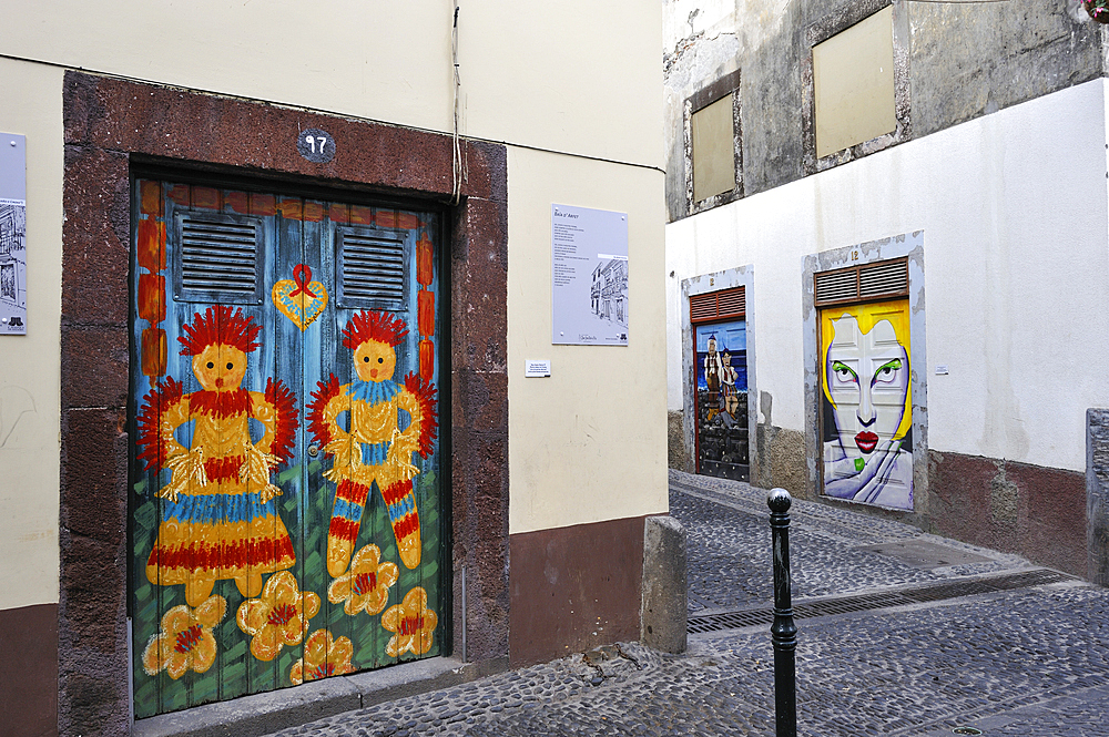 painted doors of Santa Maria street in the old town,Funchal,Madeira island,Atlantic Ocean,Portugal