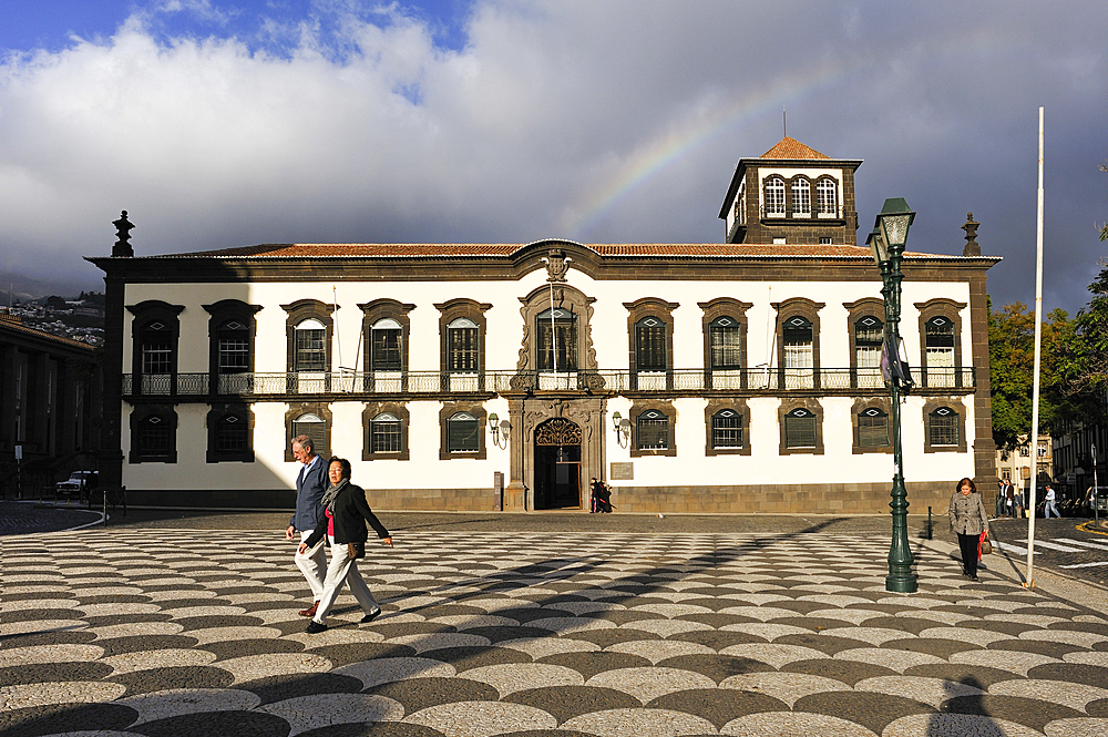 Stormy sky and rainbow above the City Hall Square,Funchal,Madeira island,Atlantic Ocean,Portugal