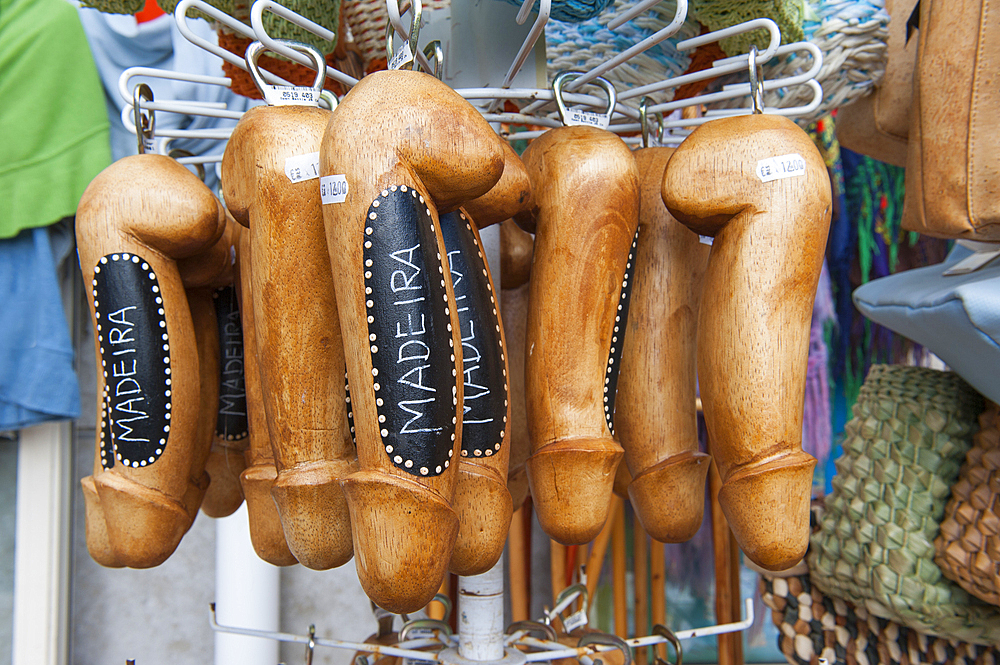 Gift shop selling wooden dildo-shaped objects, Funchal,Madeira island,Atlantic Ocean,Portugal