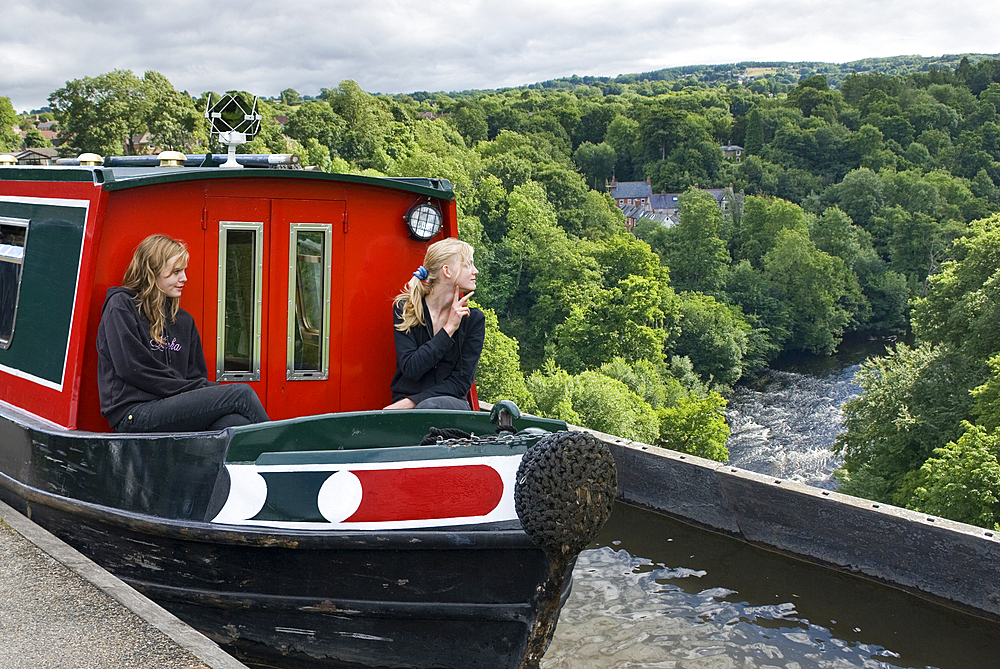 narrow boat on Pontcysyllte Aqueduct,Llangollen Canal over the valley of the River Dee,Wales,United Kingdom,Great Britain,Europe