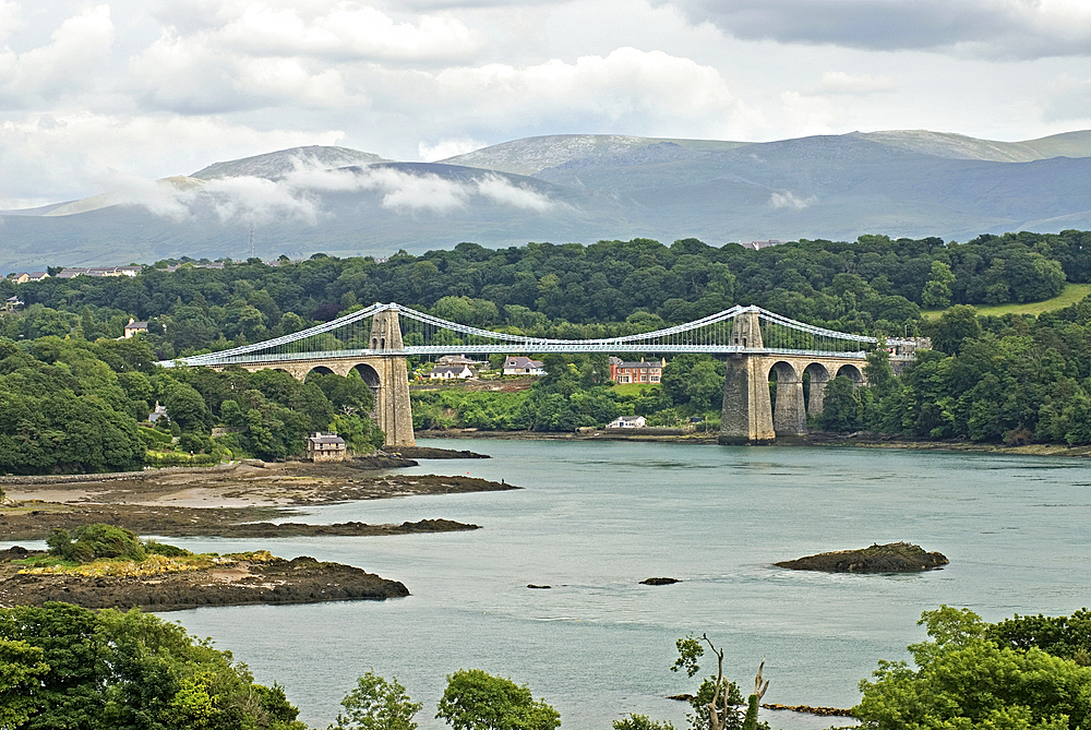 Thomas Telford's Menai Suspension Bridge crossing the Strait,Anglesey island,Wales,United Kingdom,Great Britain,Europe