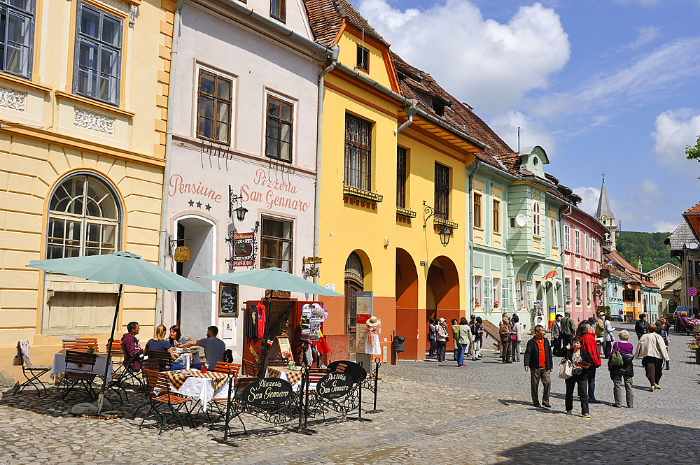 restaurant terrace, Cetatii square,Old Town,Sighisoara, Transylvania,Romania,Southeastern and Central Europe