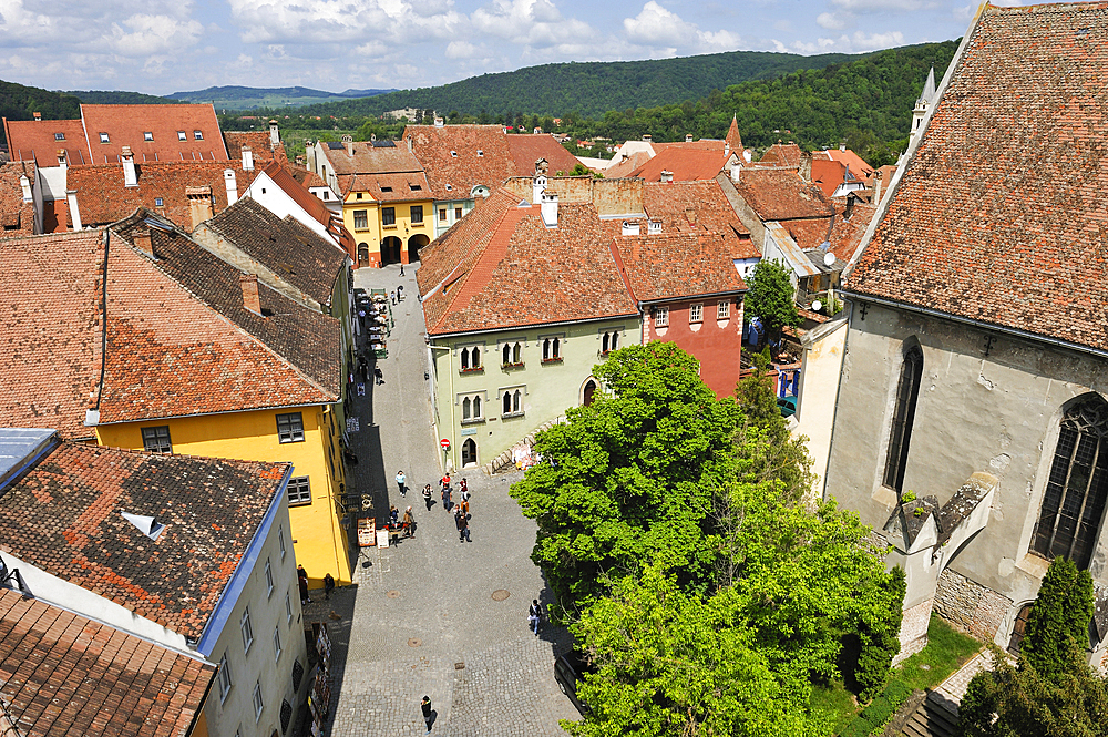 View over Old Town from Clock Tower, Sighisoara, UNESCO, Transylvania, Romania