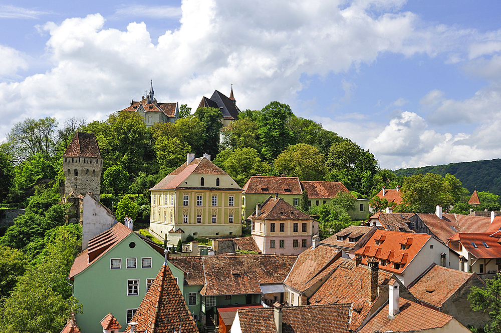 view over the Old Town and the Church on the Hill from the Clock Tower,Sighisoara, Transylvania,Romania,Southeastern and Central Europe