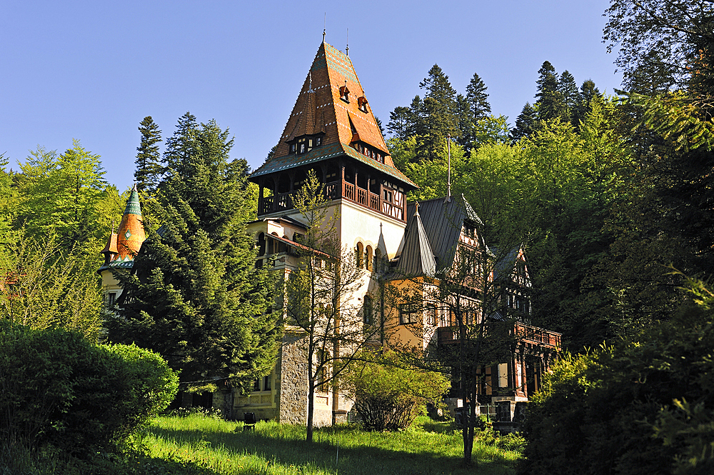 Pelisor Castle complex in the Carpathians Mountains near the mountain resort of Sinaia, Wallachia region, Romania