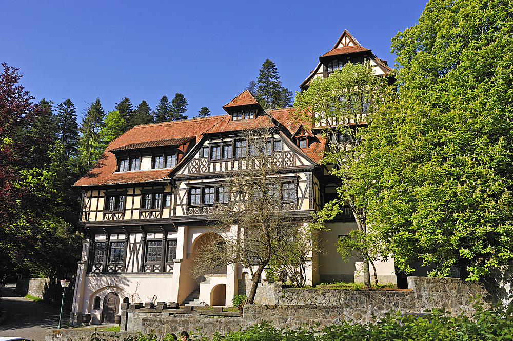 Pelisor Castle complex in the Carpathians Mountains near the mountain resort of Sinaia, Wallachia region, Romania