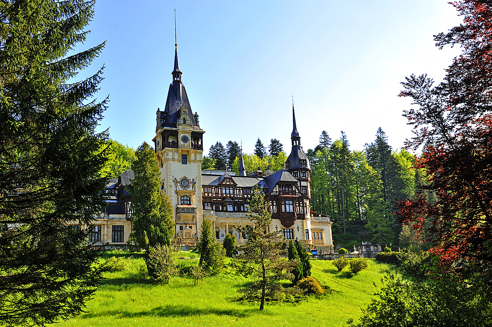 Peles Castle in the Carpathian Mountains near the mountain resort of Sinaia, Wallachia region, Romania