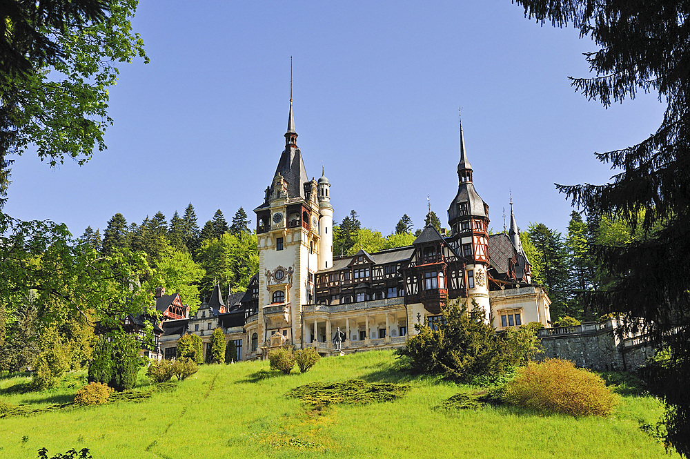 Peles Castle in the Carpathian Mountains near the mountain resort of Sinaia, Wallachia region, Romania