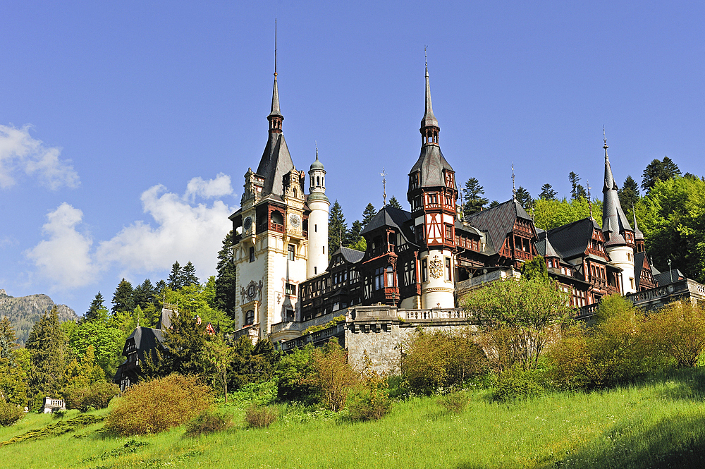 Peles Castle in the Carpathian Mountains near the mountain resort of Sinaia, Wallachia region, Romania