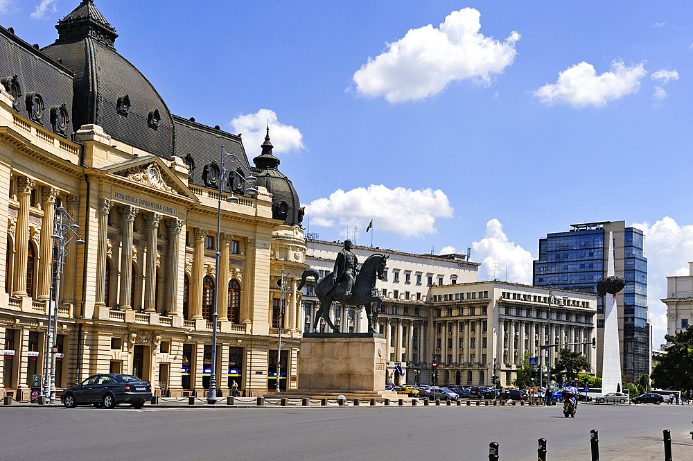 Central University Library of Bucharest and equestrian statue of Carol I, Revolution Square,Romania,Southeastern and Central Europe