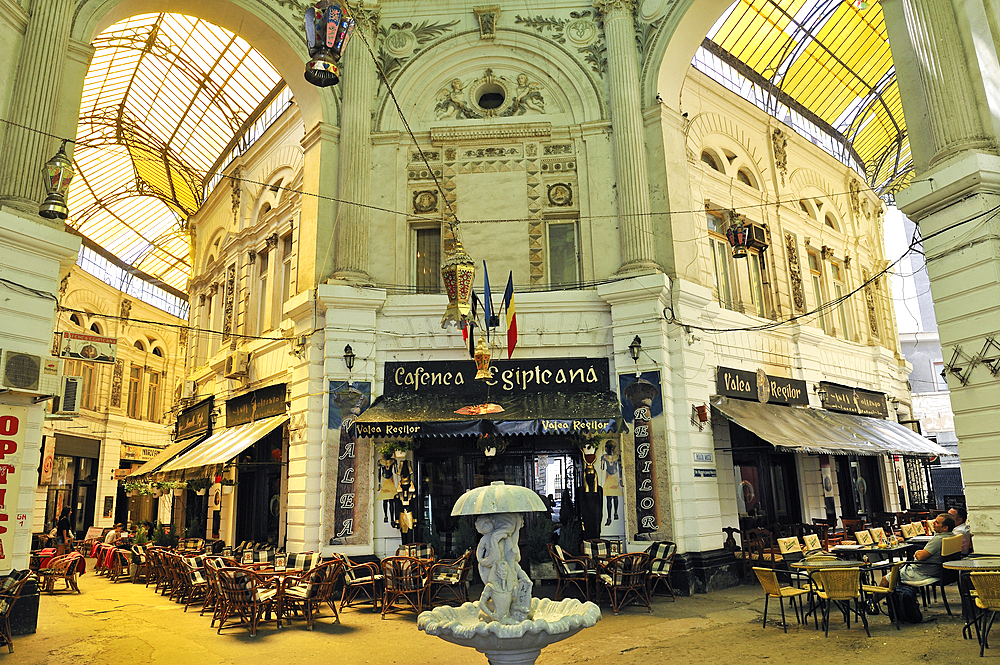 Pasajul Macca-Vilacrosse is a yellow glass covered arcaded street in Lipscani district, central Bucharest,Romania,Southeastern and Central Europe