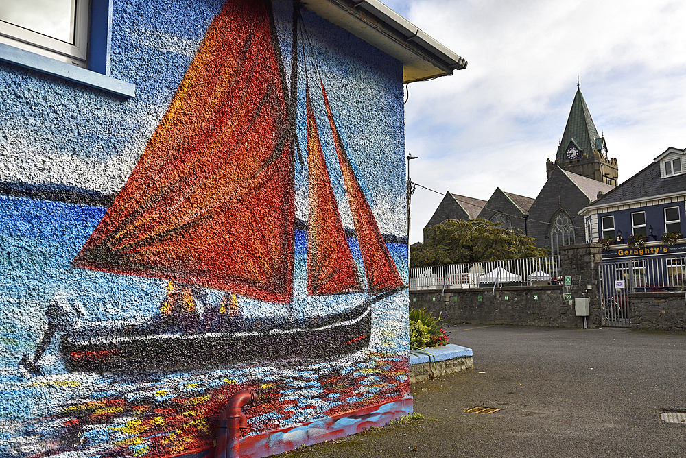 mural painting in the courtyard of a school used for parking on weekends, Galway, Connemara, County Galway, Republic of Ireland, North-western Europe