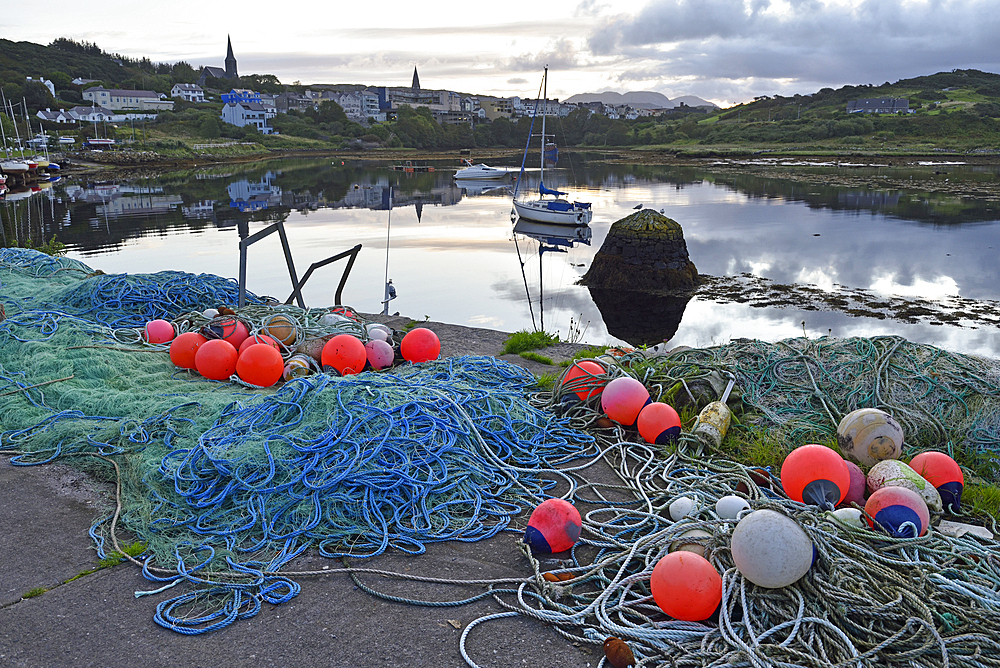 Fishing net on quay of the harbour at Clifden, Connemara, County Galway, Connacht, Republic of Ireland