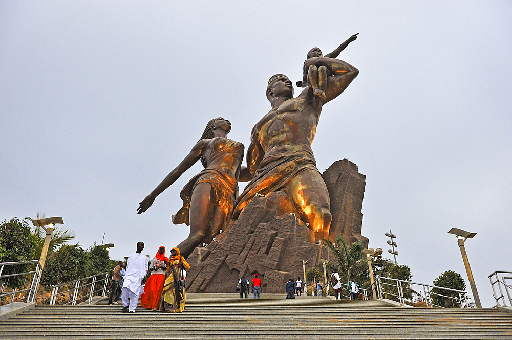 African Renaissance Monument, 49 meter tall bronze statue located on top of one of the twin hills known as Collines des Mamelles, Dakar,Senegal, West Africa