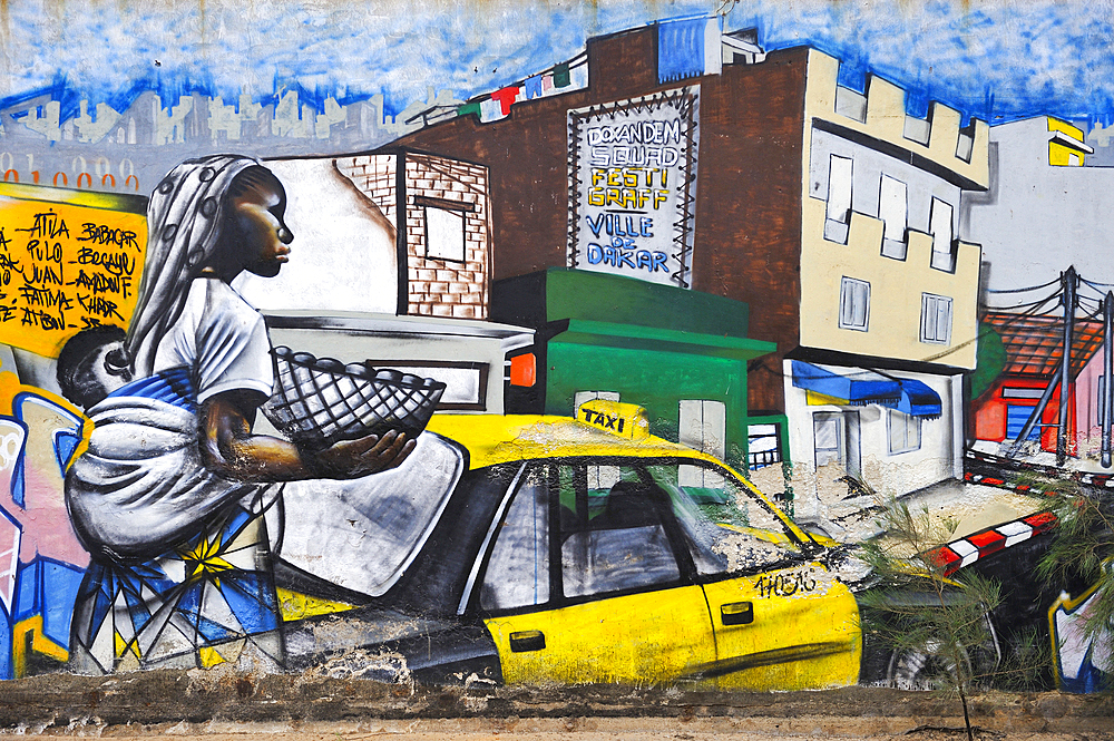 Collective mural painting in Medina district, Dakar, Senegal, West Africa