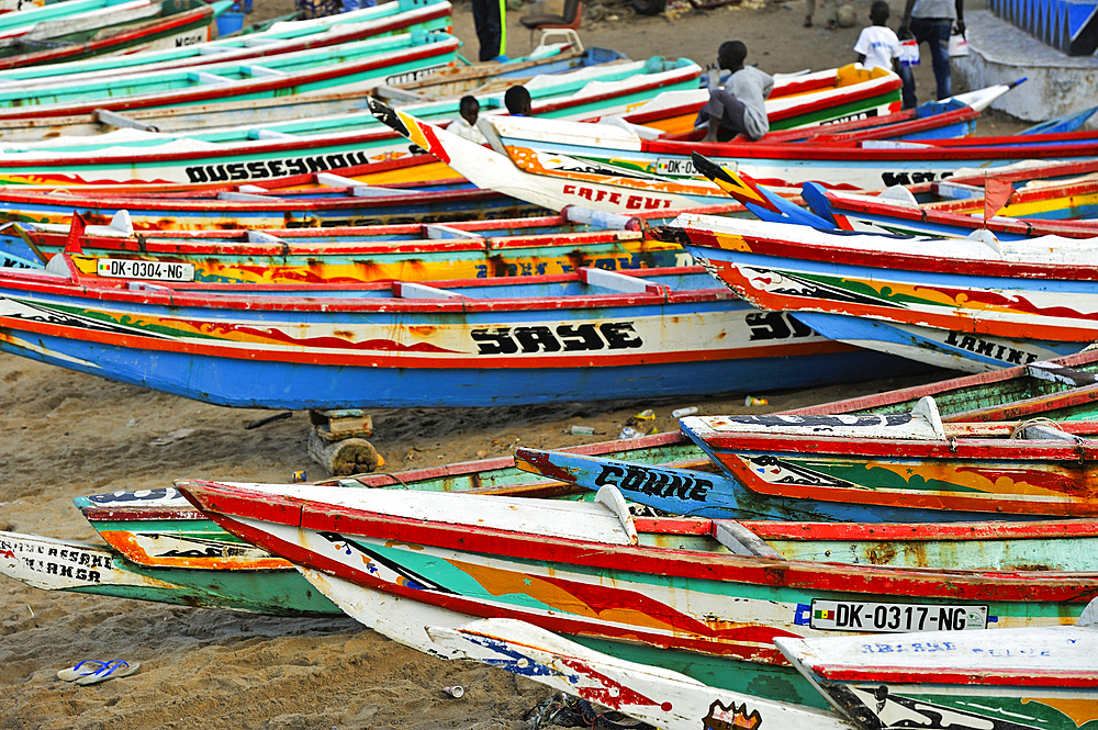 fishing dugout boats on the beach at Ngor village, Pointe des Almadies, Dakar,Senegal, West Africa