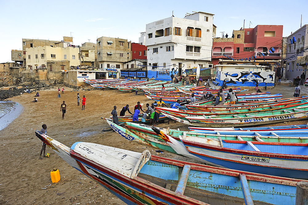 fishing dugout boats on the beach at Ngor village, Pointe des Almadies, Dakar,Senegal, West Africa